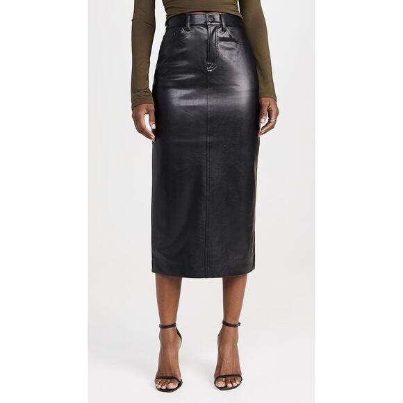 7 For All Mankind Faux Leather Midi Skirt Black Pencil Vegan Sz 28 - Picture 1 of 16